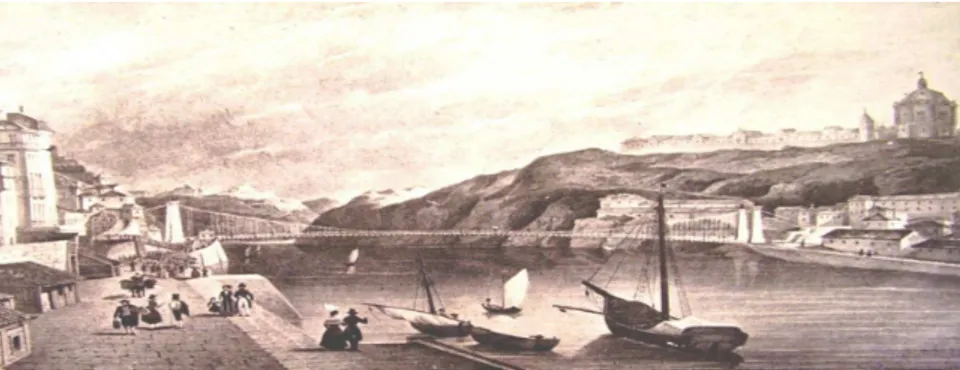 Figura 4 – Ao fundo, a primeira ponte pênsil construída em Portugal, na  cidade do Porto – 1843.
