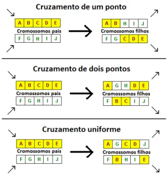 Figura 14: Exemplificação dos tipos de cruzamento implementados nos algoritmos genéticos