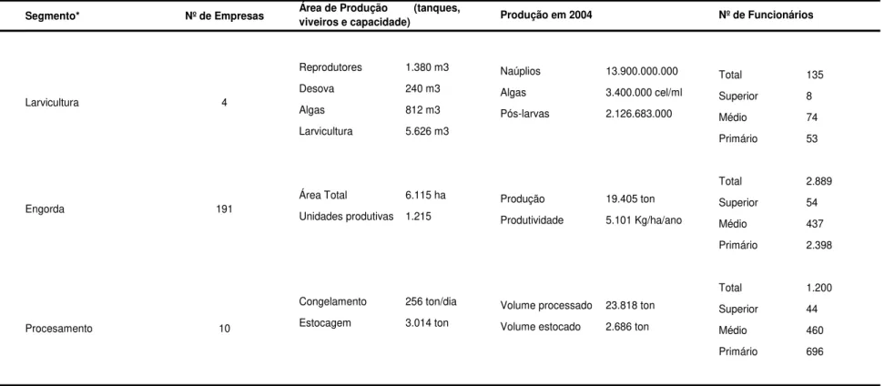 Tabela 6: Estatísticas dos 3 principais segmentos da carcinicultura no Estado do Ceará 