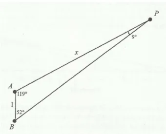 Figura 1.33: Figura do Problema 2 - Triângulo ABP. 1 sen(9 o ) = x sen(52 o ) donde, x = 0, 7880 0, 1564 = 5, 04