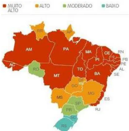 Figura 2. Distribuição da epidemiologia da dengue no Brasil em 2012 (Ministério da Saúde,  2012)