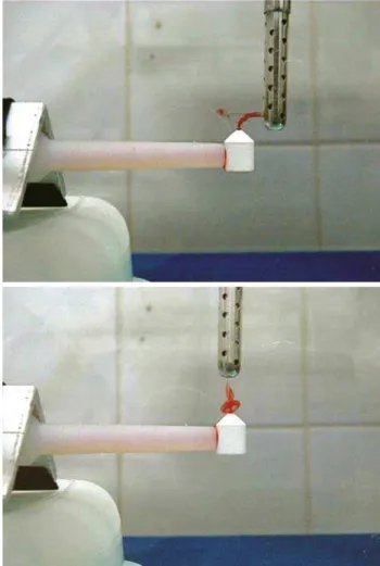 Fig. 4 – Visualização de refluxo em aspirador de sangue comercial em duas posições diferentes com fluxo de água a 0,3 l/min
