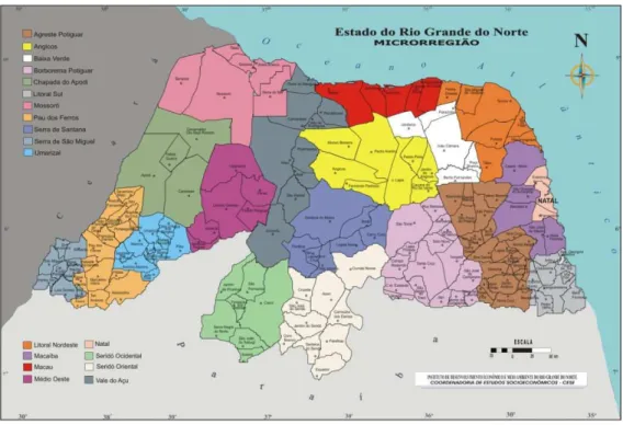 Figura 1: O Estado do Rio Grande do Norte e suas divisões em Municípios e Microrregiões