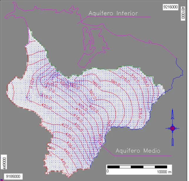 FIGURA 4.7 – Fluxo na camada 2, e curvas potenciométricas de 5,0 em 5,0 metros, para a  Simulação 1