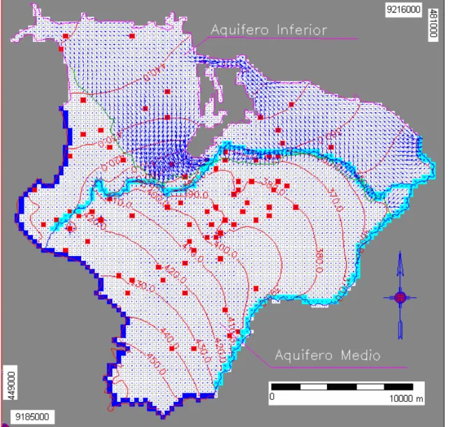 FIGURA 4.13 – Fluxo na camada 1, e curvas potenciométricas de 10,0 em 10,0 metros, para a  Simulação 2