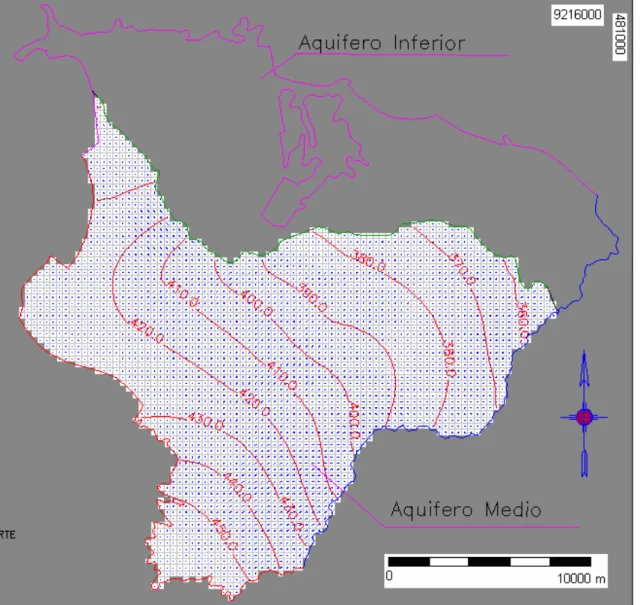 FIGURA 4.15 – Fluxo na camada 3, e curvas potenciométricas de 10,0 em 10,0 metros, para a  Simulação 2