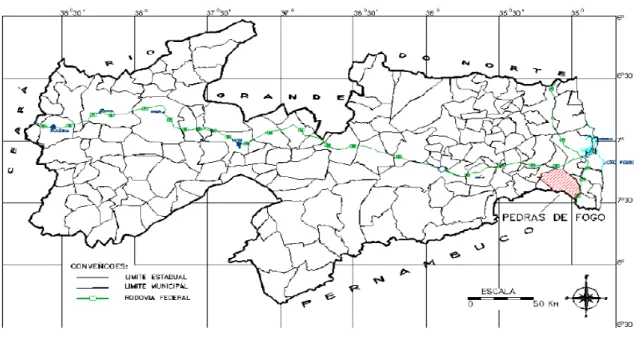 Figura  5  –  Divisão territorial  do estado da Paraíba, com  o município de  Pedras  de  Fogo em  destaque