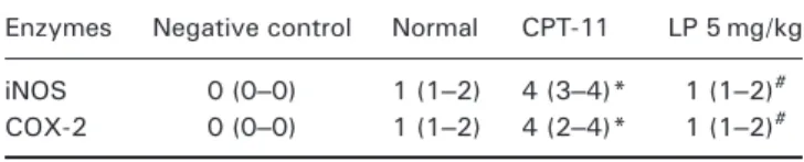 Table 3. The immunoexpression of iNOS and COX-2 is attenuated in LP-treated mice subjected to irinotecan-induced intestinal mucositis