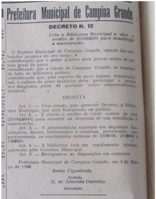 Figura 4 – Decreto de criação da Biblioteca Pública Municipal de Campina  Grande-PB 