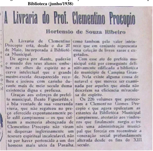 Figura 7 – Notícia sobre a incorporação da livraria de Clementino Procópio à  Biblioteca (junho/1938) 