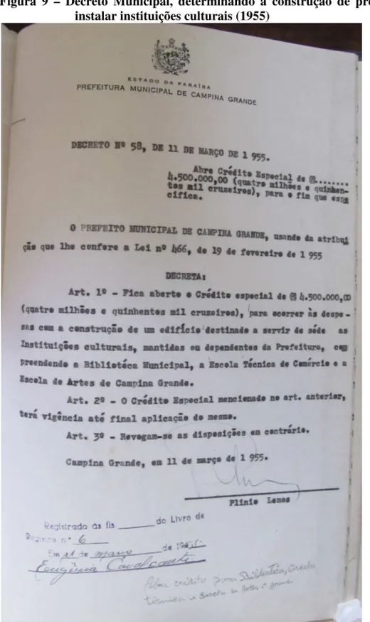 Figura  9  –  Decreto  Municipal,  determinando  a  construção  de  prédio  para  instalar instituições culturais (1955) 