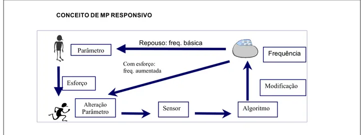 Fig. 1 – Esquema básico do funcionamento do MP responsivo, onde as alterações geradas pelo esforço são registradas pelo sensor, que modifica a freqüência de estimulação do MP, adaptando-a ao esforço produzido.