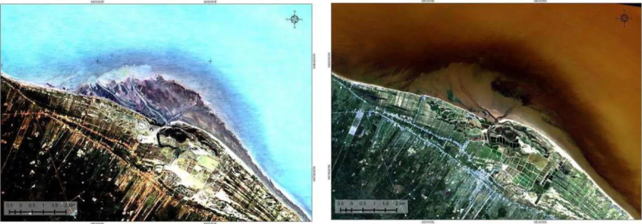 Figura  11  -  Mosaico  com  imagens  do  satélite  Alos  de  2013  em  composições  falsa-cor  evidenciando o delta de maré em Icapuí.
