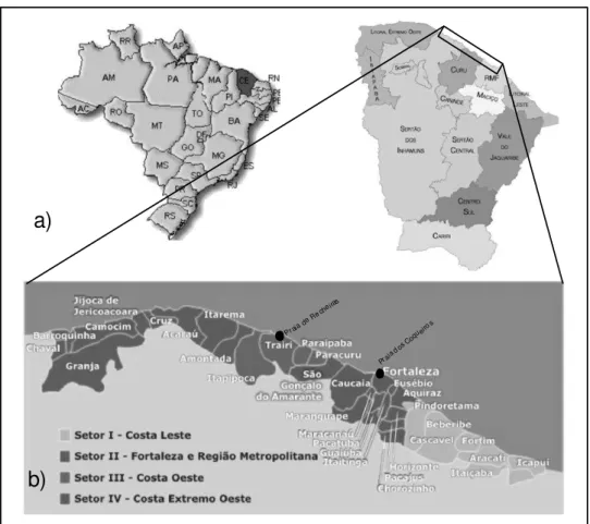 Figura 1 – a) Mapa de localização do estado do Ceará no Brasil; b) e mapa de localização das  praias dos Coqueiros e Flecheiras no litoral do estado do Ceará