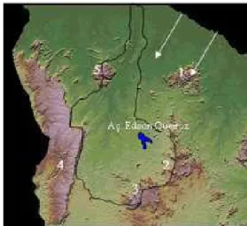 Figura 3 - Imagem de satélite do relevo da bacia do Acaraú (EMBRAPA, 2004) mostrando as serras que delimitam a bacia (1