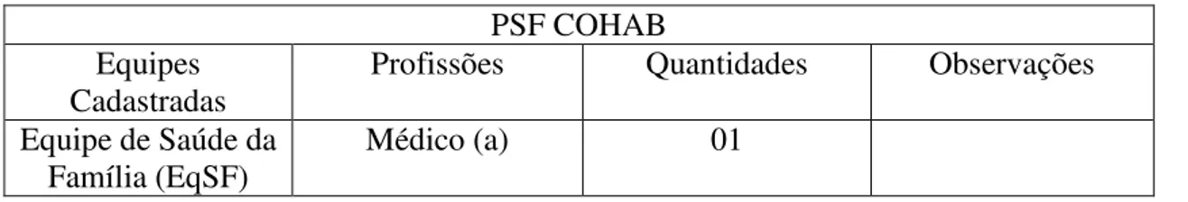 Tabela 4 – Distribuição da Composição de Equipe do Posto PSF COHAB em Iguatu  