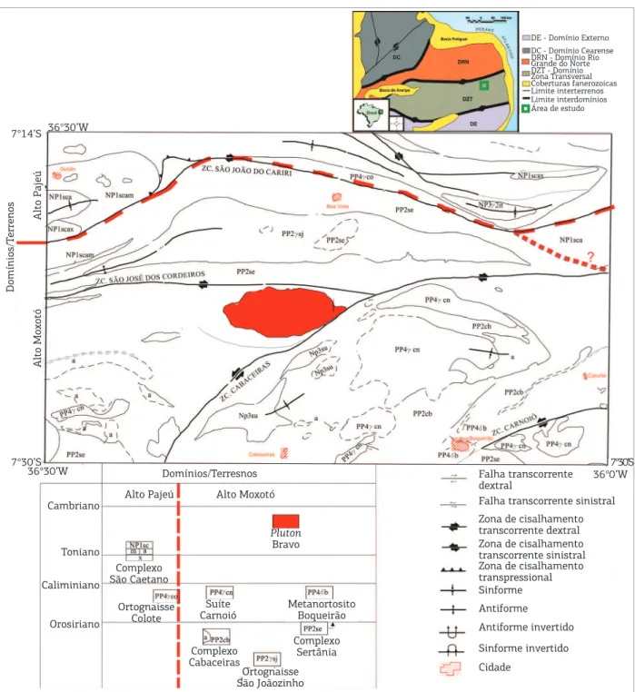 Figura 1. Contexto geotectônico do Pluton Bravo na porção central da Província Borborema.