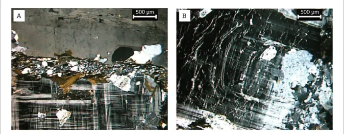 Figura 5. Fotomicrografia do granito porfirítico mostrando: (A) matriz milonítica quartzo-feldspática desenvolvida  entre dois megacristais de feldspatos