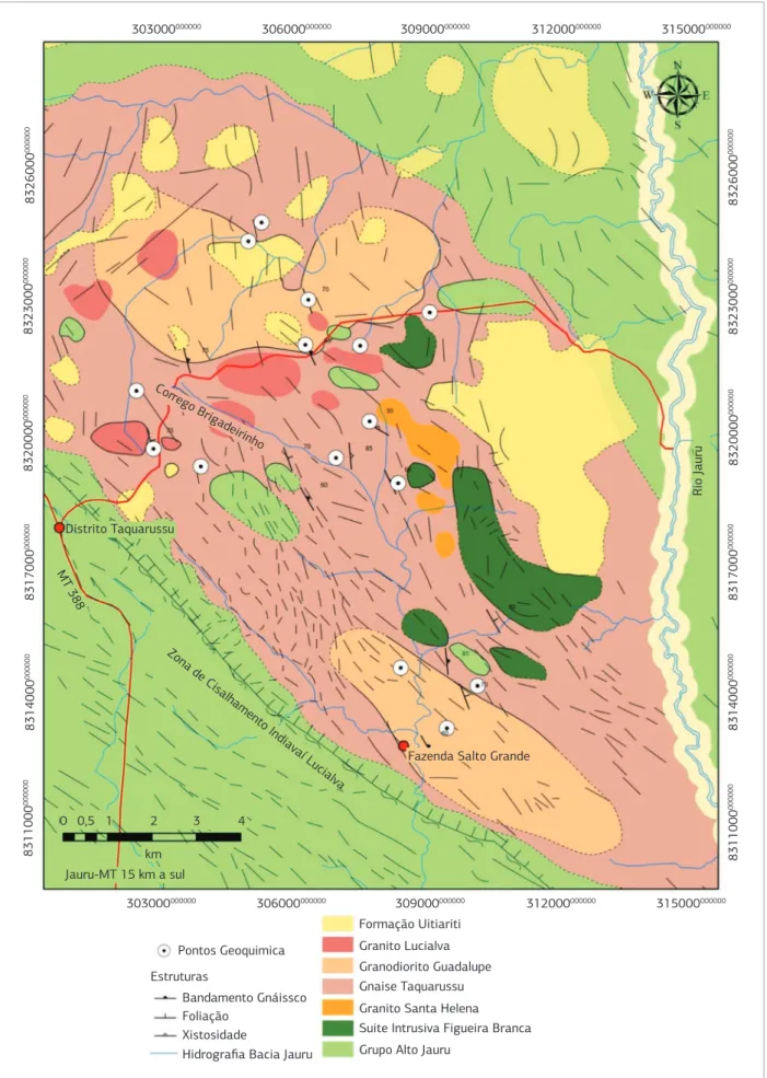 Figura 2. Mapa geológico da região do distrito de Taquarussu, norte de Jauru, Mato Grosso.303000000000306000000000309000000000312000000000 315000 000000303000000000306000000000309000000000312000000000315000000000FoliaçãoGranito LucialvaFormação UitiaritiGr