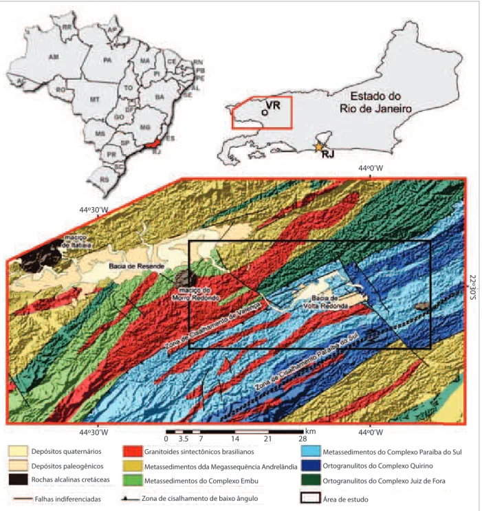 Figura 1. Mapa geológico simplifi cado do segmento central da Faixa Ribeira na região das bacias de Resende e  Volta Redonda, apresentando a localização da área do presente estudo