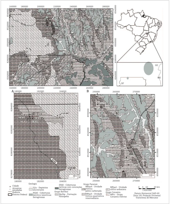 Figura 1. Mapa geológico simplificado com a localização da área de estudo (modificado de CPRM e ZEE-DF 2012)