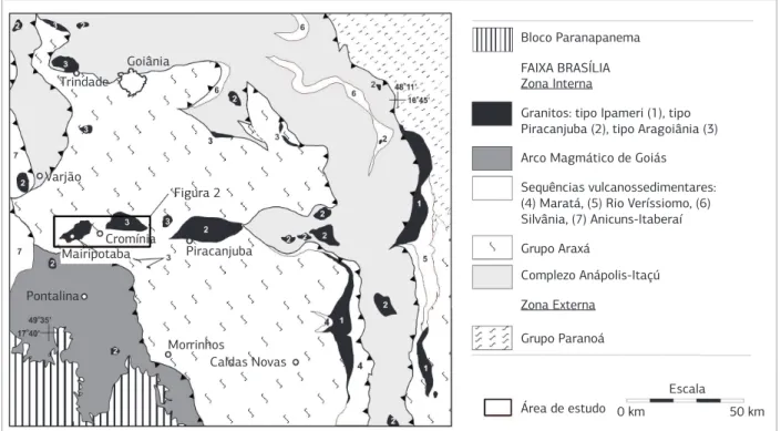 Figura 1. Mapa geológico esquemático da Faixa Brasília na porção sul de Goiás (modifi cado de Lacerda Filho et al