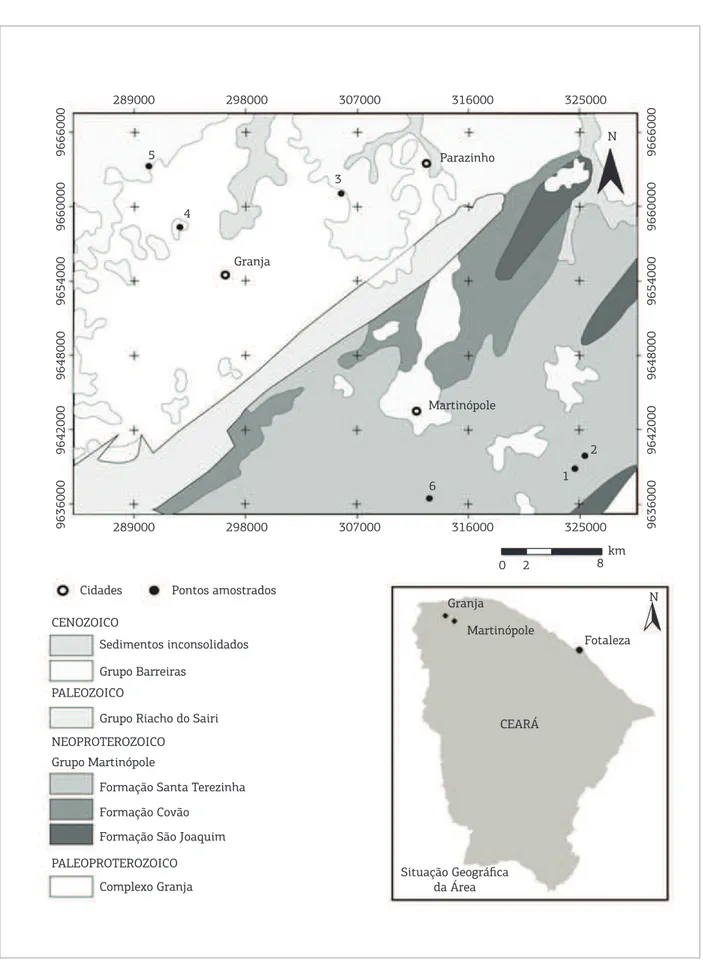 Figura  1.  Mapa  de  localização  dos  pontos  de  amostragem  e  geológico  simplificado