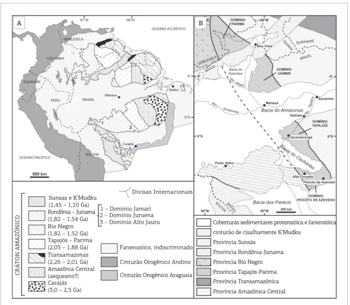 Figura 1. Mapas geotectônicos do Cráton Amazônico. (A) Modelo geotectônico do Cráton Amazônico de Santos 