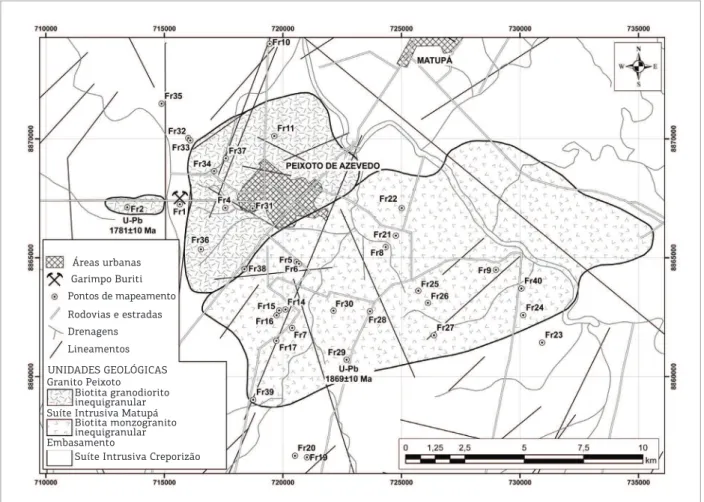 Figura 3. Mapa geológico dos granitos da região de Peixoto de Azevedo ilustrando as áreas de ocorrência de biotita  granodioritos e biotita monzogranitos.