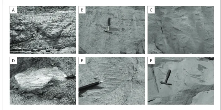 Figura  3.  Fotografias  ilustrando  as  fácies  deposicionais  descritas  para  os  arenitos  da  Formação  Missão  Velha:  (A) Fácies Am, apresentando estruturas maciças, seção inferior da Formação Missão Velha, Afloramento 2; (B)  Fácies Aa, representan