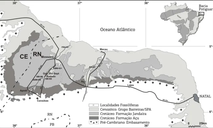 Figura  1.  Mapa  geológico  simplificado  exibindo  a  localização  dos  afloramentos,  nos  quais  foram  coletados  os  equinoides na Formação Jandaíra, Bacia Potiguar