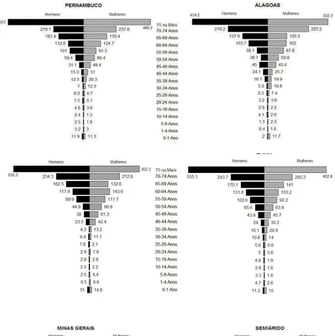 Figura 5.3: Taxa de mortalidade padronizada por neoplasia por sexo e faixa etária dos Estados do  Semiárido Brasileiro, 2010 (conclusão) 