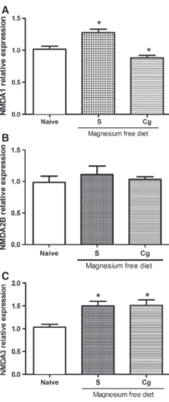 Fig. 7. Relative quantitative mRNA expression of the N- N-methyl- D -aspartate receptors (NMDA-Rs) NR1 (NMDA1), NR2B (NMDA2), and NR3 (NMDA3) in samples of the  tri-geminal subnucleus caudalis in arthritic rats with magnesium deﬁciency