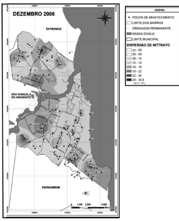 Fig.  4  –  Mapa  de  isoteor  de  N-NO -3   em  mg  L -1   do  município  de  Natal-RN,  elaborado  a  partir  de amostras de água coletadas em poços, indicando a presença de pluma de contaminação em nitrato em várias áreas (em tons cinza mais escuros)