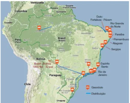Figura 2.8 Gasodutos distribuídos no território brasileiro e na Bolívia 