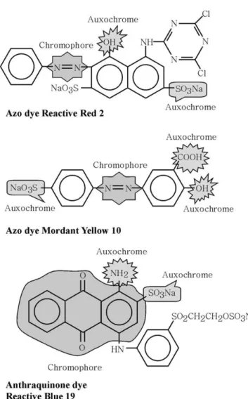 Fig. 2. Examples of dye-auxochromes and–chromophores for azo and anthraquinone dyes.