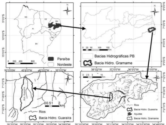 Figura  1  -  Localização da  bacia experimental  do riacho  Guaraíra  inserida na  bacia  hidrográfica representativa do rio Gramame 