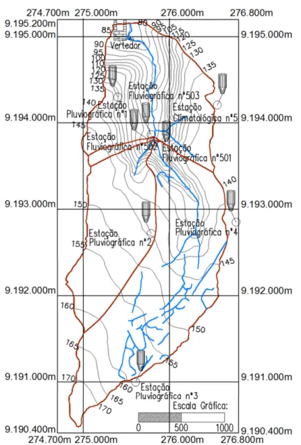 Figura 2 – Relevo, hidrografia e localização das estações de monitoramento da bacia  do riacho Guaraíra 