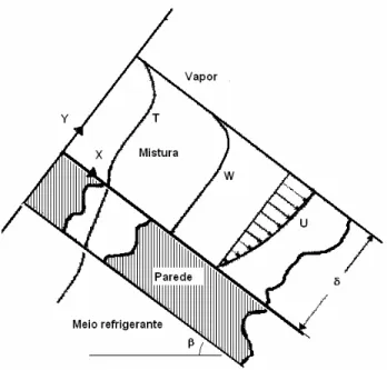 Figura 3.1 – Escoamento da película absorvente sobre uma placa inclinada com espessura  constante e regime laminar