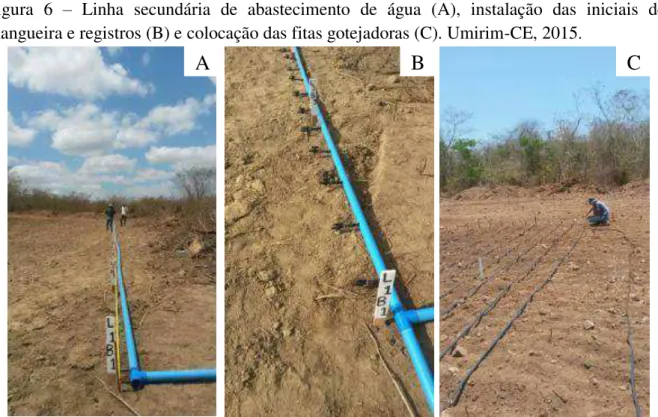 Figura  6  –  Linha  secundária  de  abastecimento  de  água  (A),  instalação  das  iniciais  de  mangueira e registros (B) e colocação das fitas gotejadoras (C)