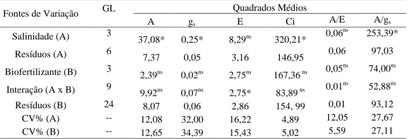 Tabela  6  -  Resumo  da  análise  de  variância  para  taxa  de  fotossíntese  líquida  (A),  condutância  estomática  (gs),  transpiração (E), concentração interna de CO 2  e uso eficiente da água (A/E e A/gs), obtida de plantas de  feijão-de-corda irrig