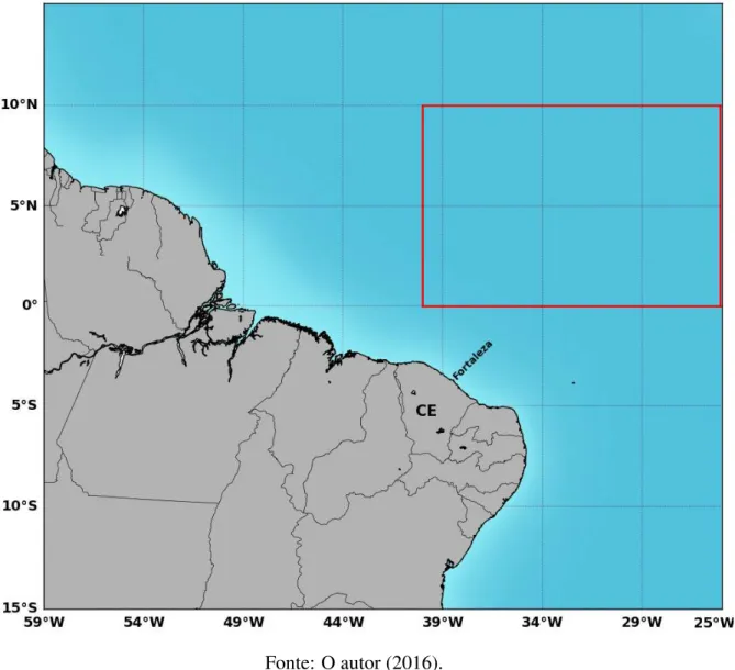 Figura 1: Área de estudo, compreendendo o AT oeste e a região do noroeste do Atlântico Equatorial (NAE), representada pelo retângulo vermelho.