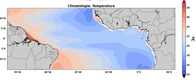 Figura 10: Campo médio dos 200 m da climatologia da temperatura (em o C) no AT para os meses de março e abril.