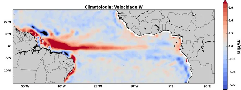 Figura 18: Média dos 200 m da climatologia da velocidade vertical (em m/dia) para os meses de novembro e dezembro.
