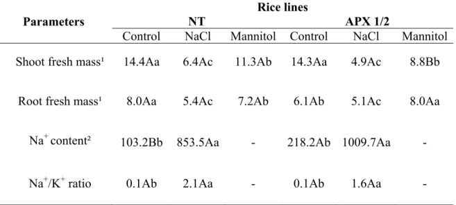 Table 1. Shoot fresh mass, root fresh mass, Na +  content and Na + /K +  ratio in roots from NT  and APX1/2 plants exposed to 150 mM NaCl and 2682 mM mannitol for eight days