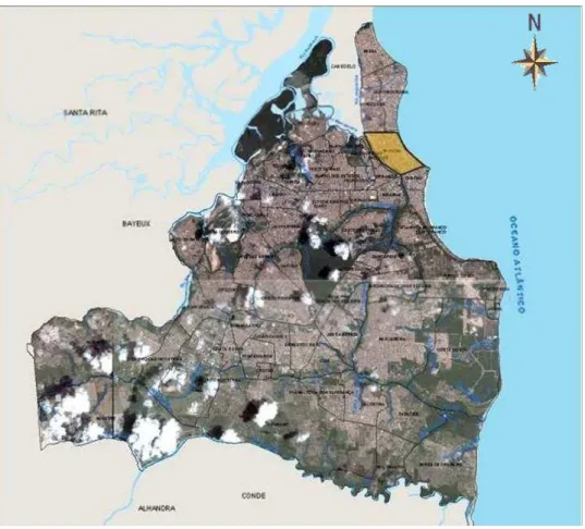 Figura 3 - Mapa de João Pessoa e divisão de seus bairros, com destaque ao bairro Manaíra 