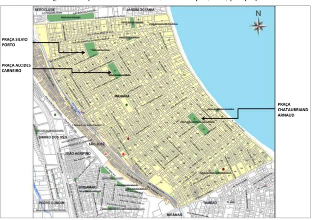 Figura 4 - Mapa do bairro de Manaíra, com destaque (verde) para praças 