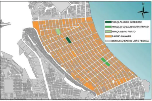 Figura 14 - Localização das praças estudadas no bairro do Manaíra/JP (Sem escala) –   Ver mapa completo no Apêndice A 