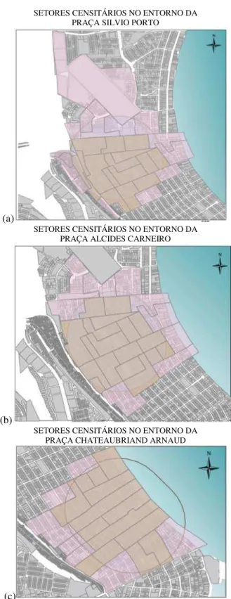 Figura 16 – Setores Censitários compreendidos e considerados no calculo populacional na área de influencia da  praça (a) Silvio Porto (b) Alcides Carneiro (c) Chateaubriand Arnaud