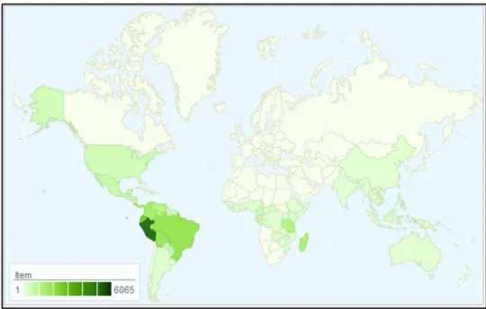 Figura 2 Distribuição geográfica da família Annonaceae Adaptado de  http://www.tropicos.org/Name/42000007?tab=maps (acesso em fevereiro de 2016) 